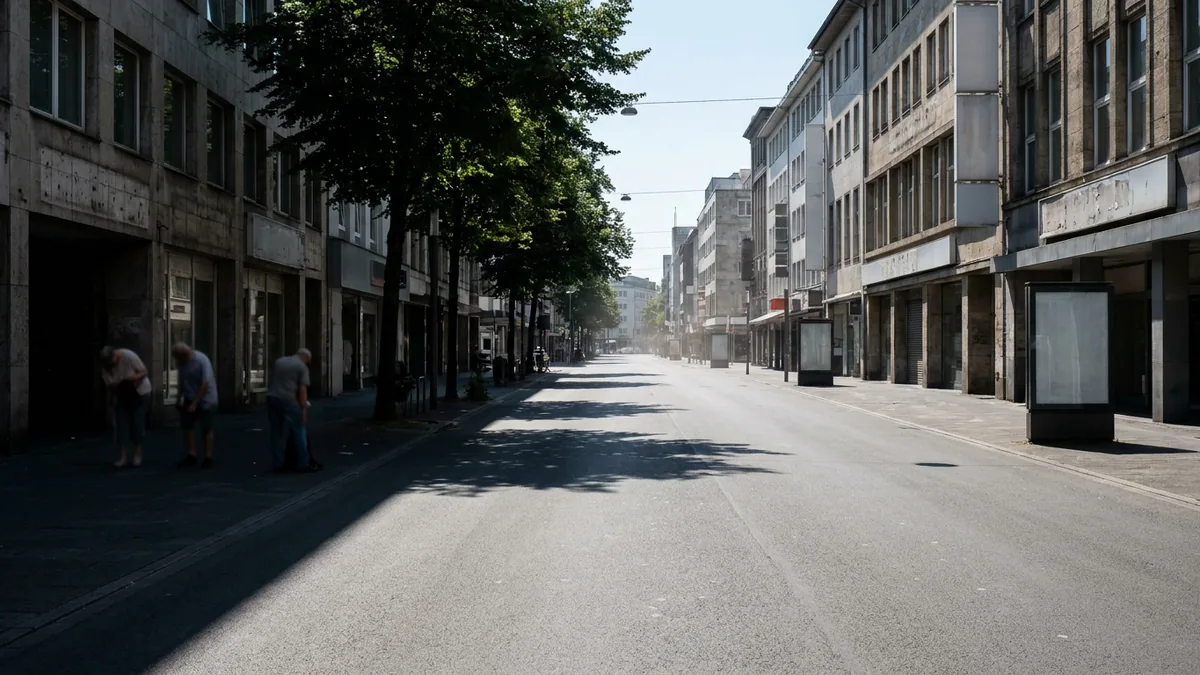 Einkaufsstraße in grellem Mittagslicht, wenige Passanten im Schatten der Bäume am Straßenrand