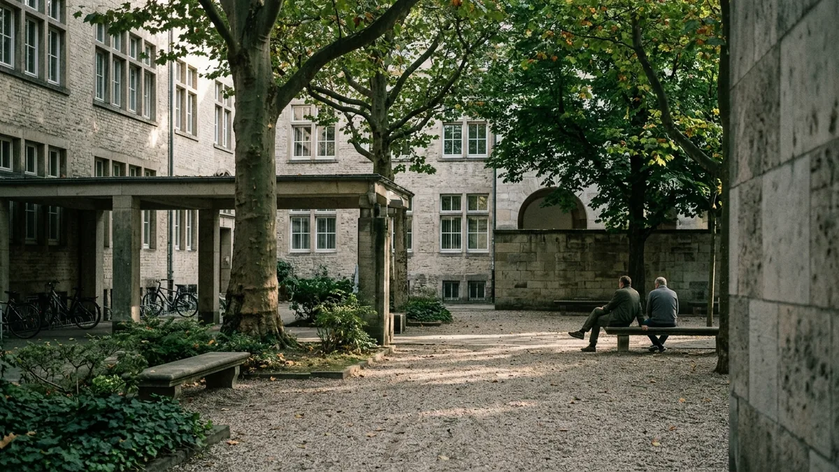 Schattiger Innenhof mit alten Platanen, Steinbänken und Kiesboden im Nachmittagslicht