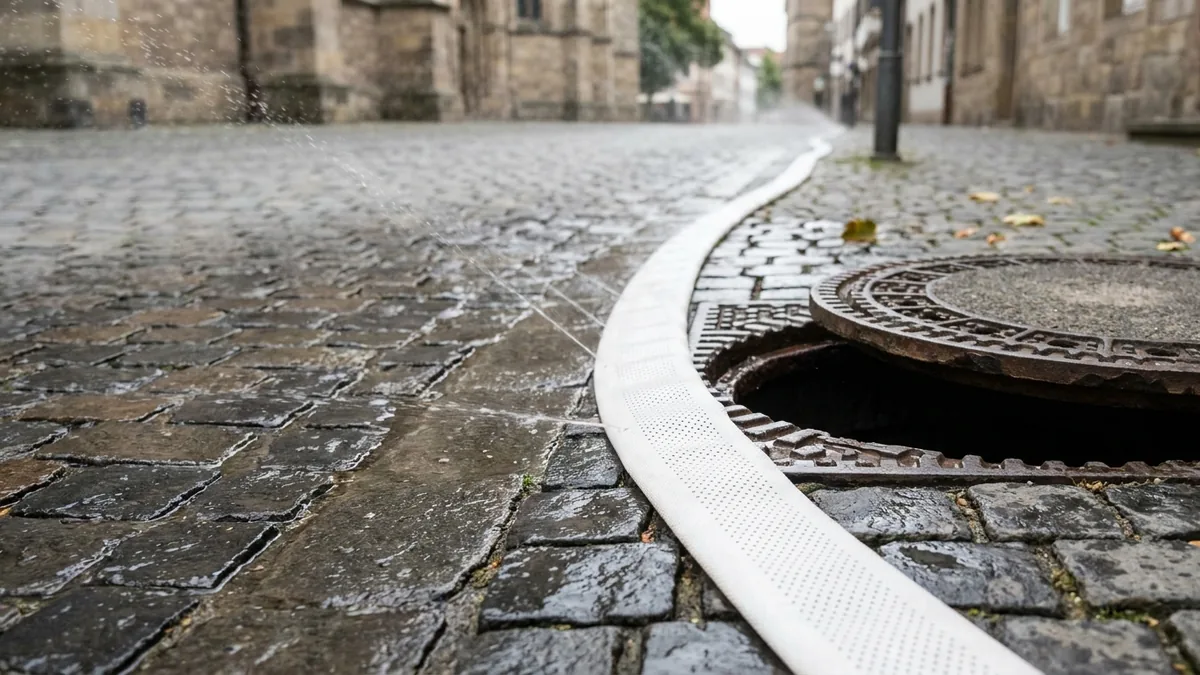 Perforierter Sprühschlauch am Boden eines Platzes, angeschlossen an einen Hydranten