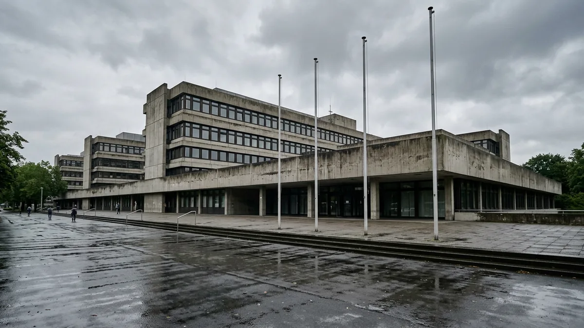 Betonfassade eines großen Justizgebäudes in Köln an einem bedeckten Morgen, Blick von der Straße