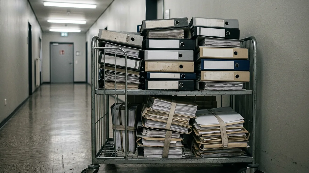 Gestapelte Aktenordner und Papierbündel auf einem Metallwagen in einem Behördenflur