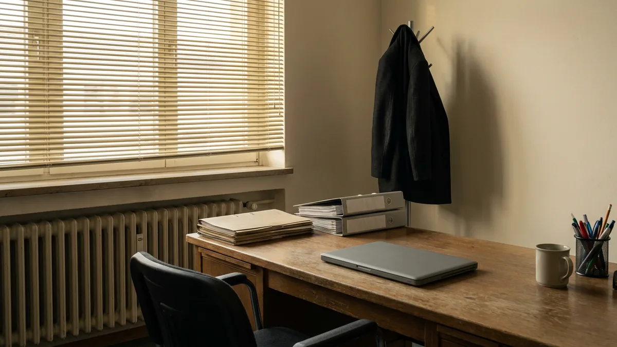 Büro mit Holzschreibtisch, geschlossenem Laptop, Aktenordnern und Papierstapeln vor einem Fenster mit Jalousie