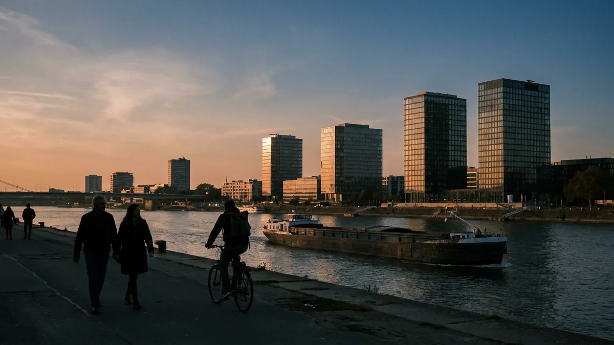 Uferpromenade in der Abenddämmerung mit Spaziergängern, auf dem Fluss ein Frachtschiff, dahinter Bürotürme