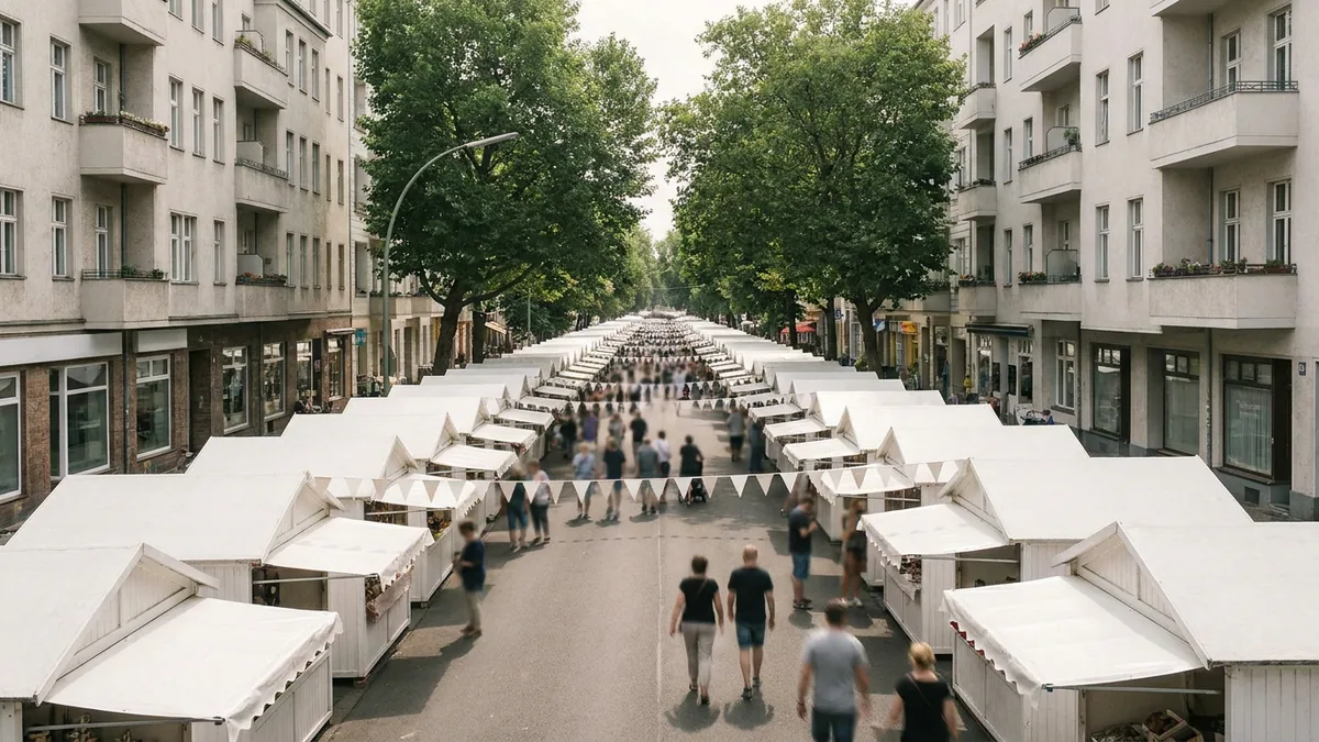 Straßenfest mit weißen Marktständen in einer Fußgängerzone