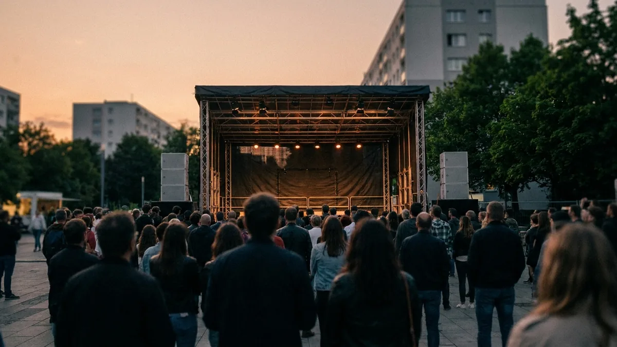Freiluftbühne mit Traversendach und Publikum in Silhouette bei Abendlicht