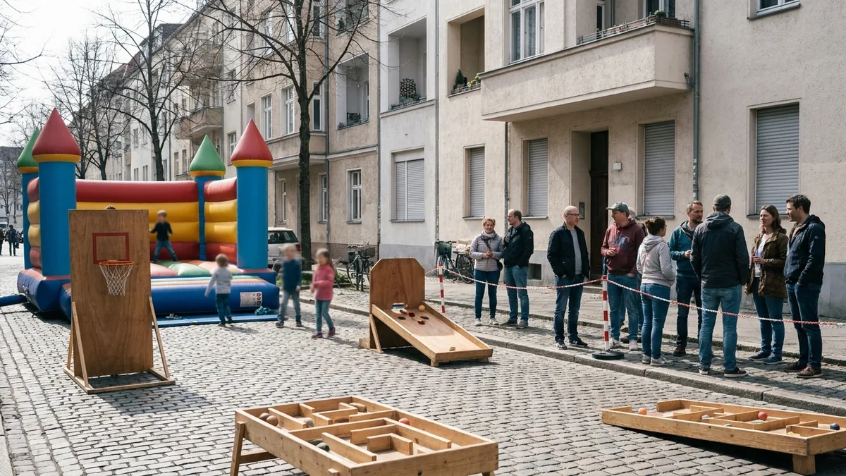Spielgeräte auf einer gesperrten Straße bei einem Stadtteilfest