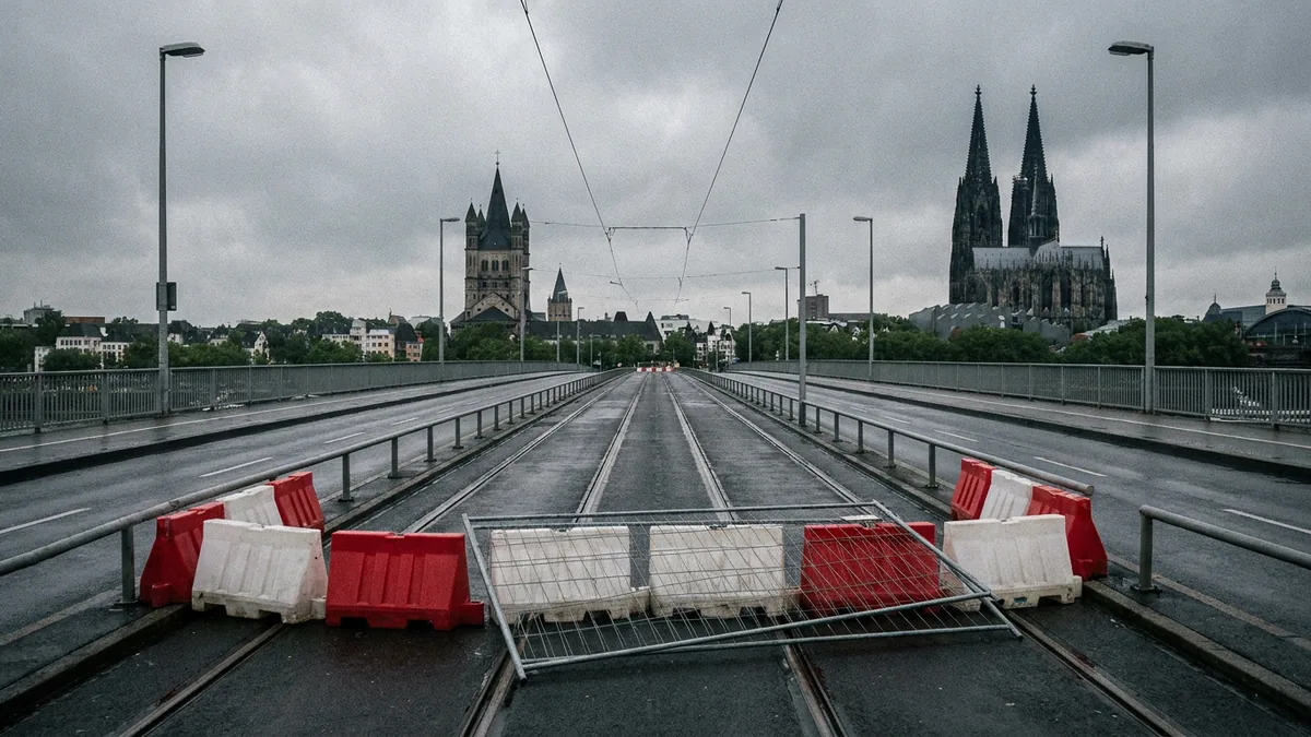 Gesperrte Gleise auf einer Rheinbrücke mit rot-weißen Barrieren, im Hintergrund Kölner Dom und Groß St. Martin