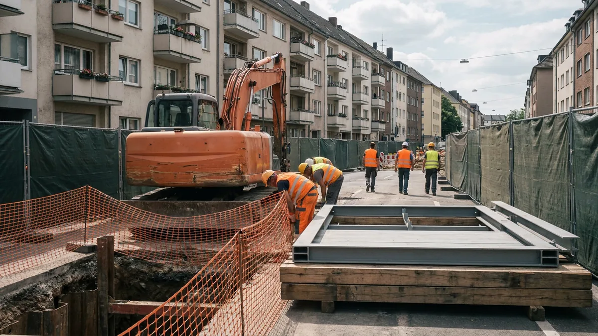 Straßenbaustelle mit Bagger, Arbeitern in Warnwesten, Baugrube und einem liegenden Stahlrahmen vor Wohnhäusern