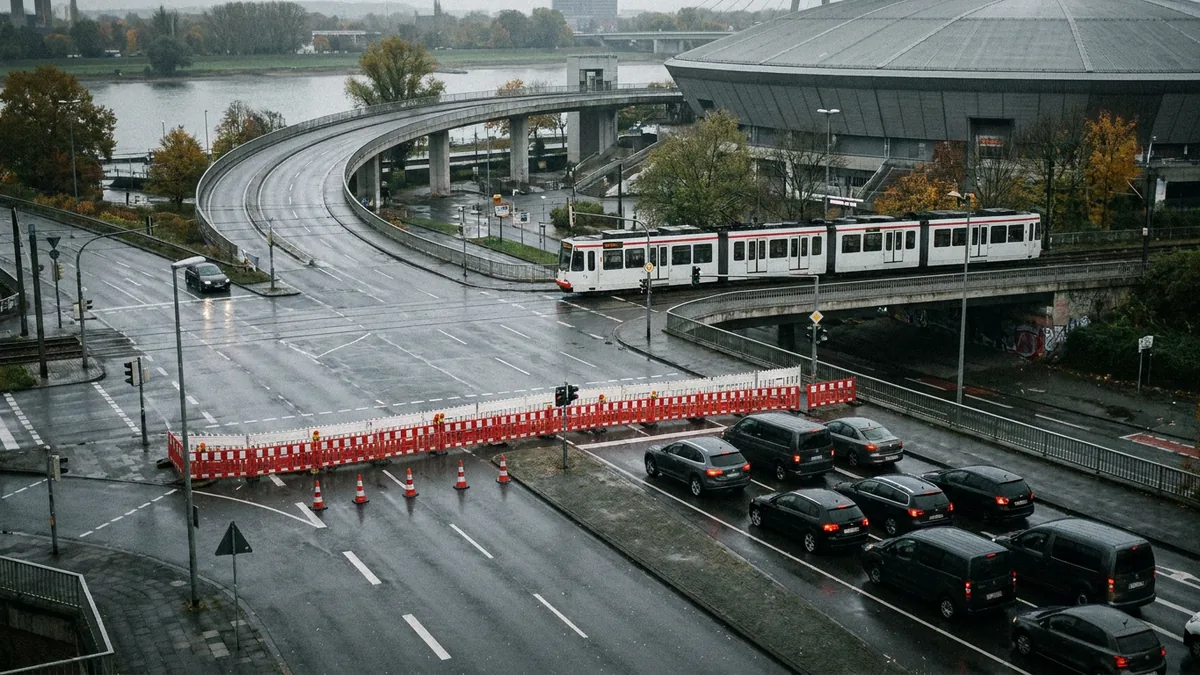 Regennasse Kreuzung von oben mit rot-weißen Absperrungen, wartenden Autos und einer Stadtbahn auf einer Hochstrecke