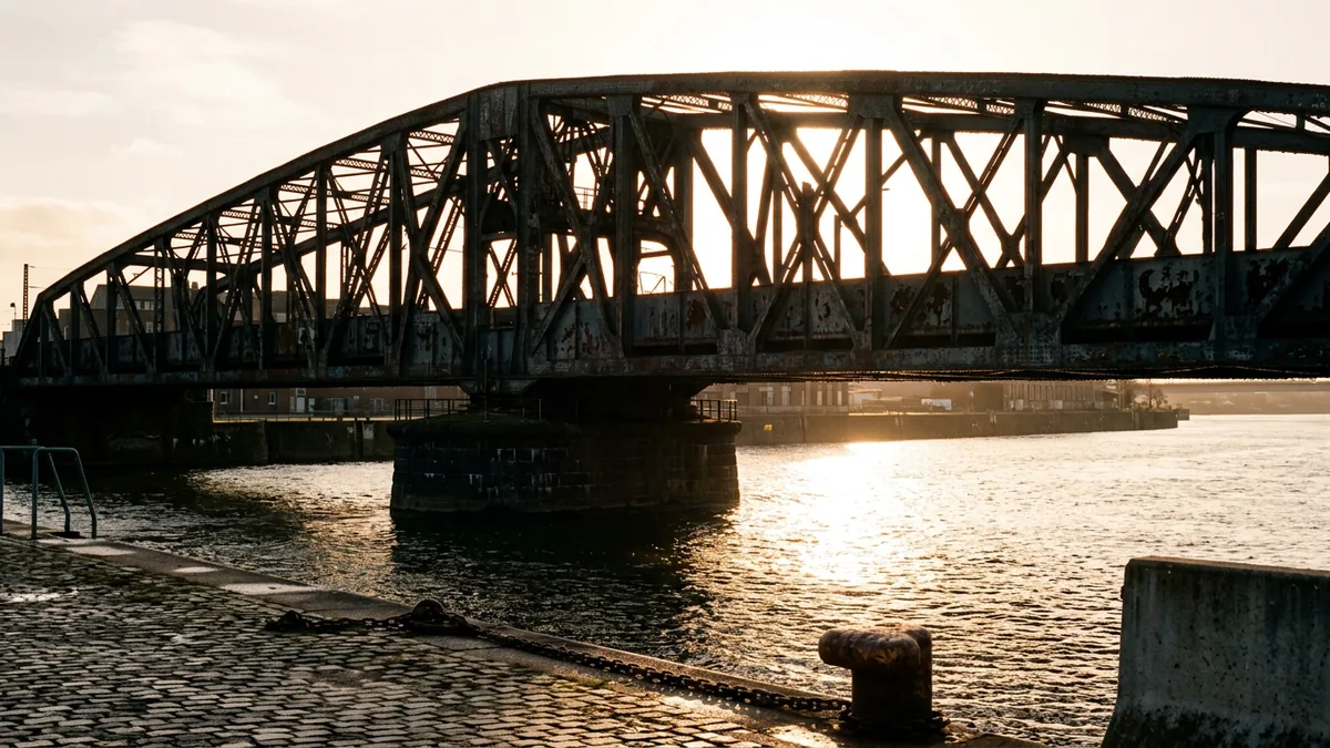 Stahlkonstruktion einer alten Drehbrücke über einer Hafeneinfahrt im Gegenlicht