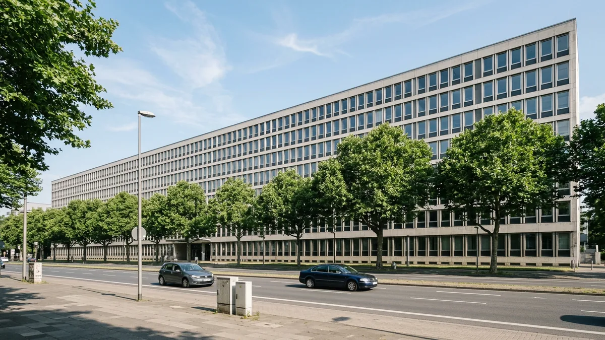 Langgestrecktes Bürogebäude eines Versicherers in Köln-Riehl, Blick vom gegenüberliegenden Gehweg