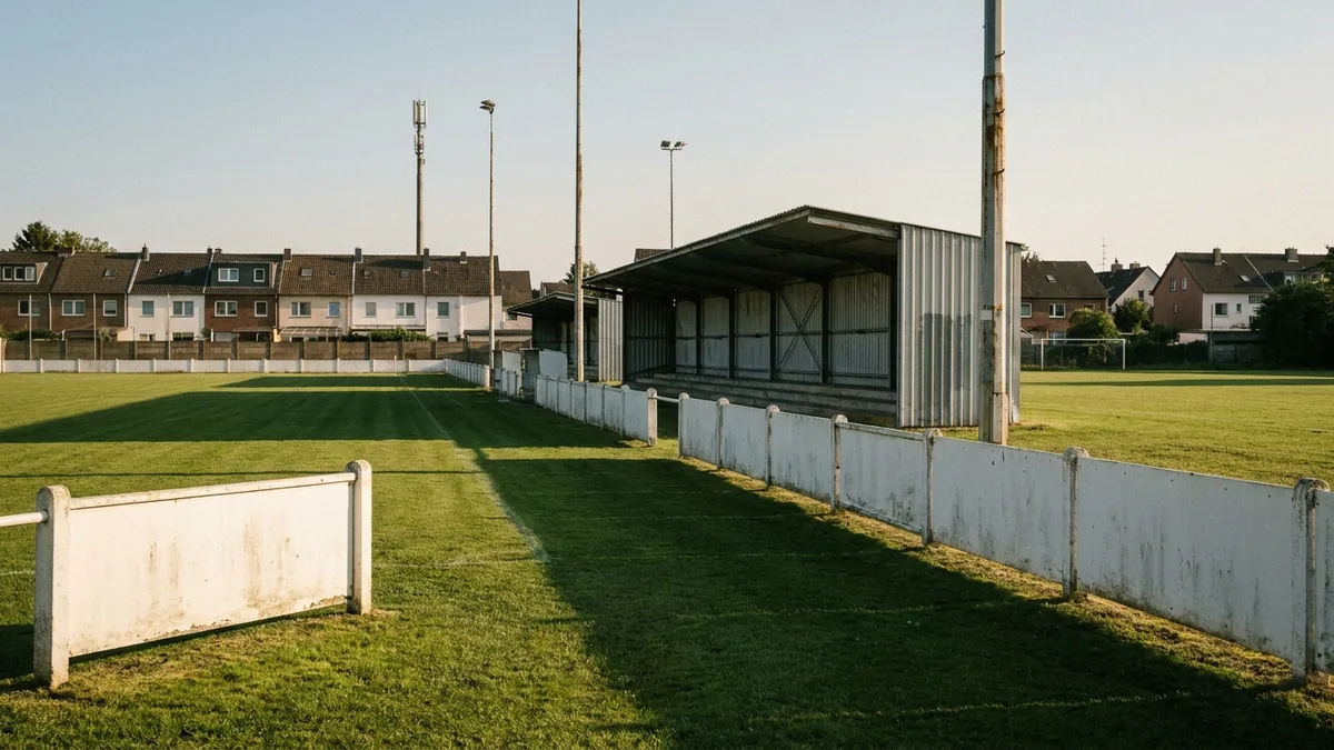 Amateurfußballplatz mit weißen Banden und kleiner überdachter Stahltribüne im Abendlicht, dahinter Reihenhäuser