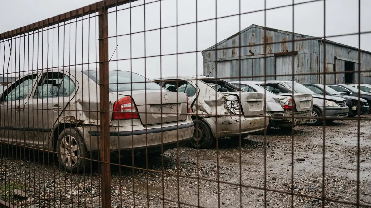 Beschädigte Autos mit Dellen und zerbrochenen Scheiben auf einem Schotterplatz hinter einem rostigen Gitterzaun