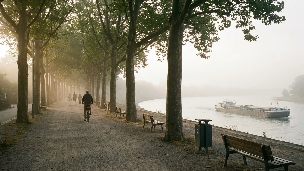 Baumgesäumte Uferpromenade im Morgendunst mit Radfahrer und Spaziergängern, auf dem Fluss ein Frachtschiff