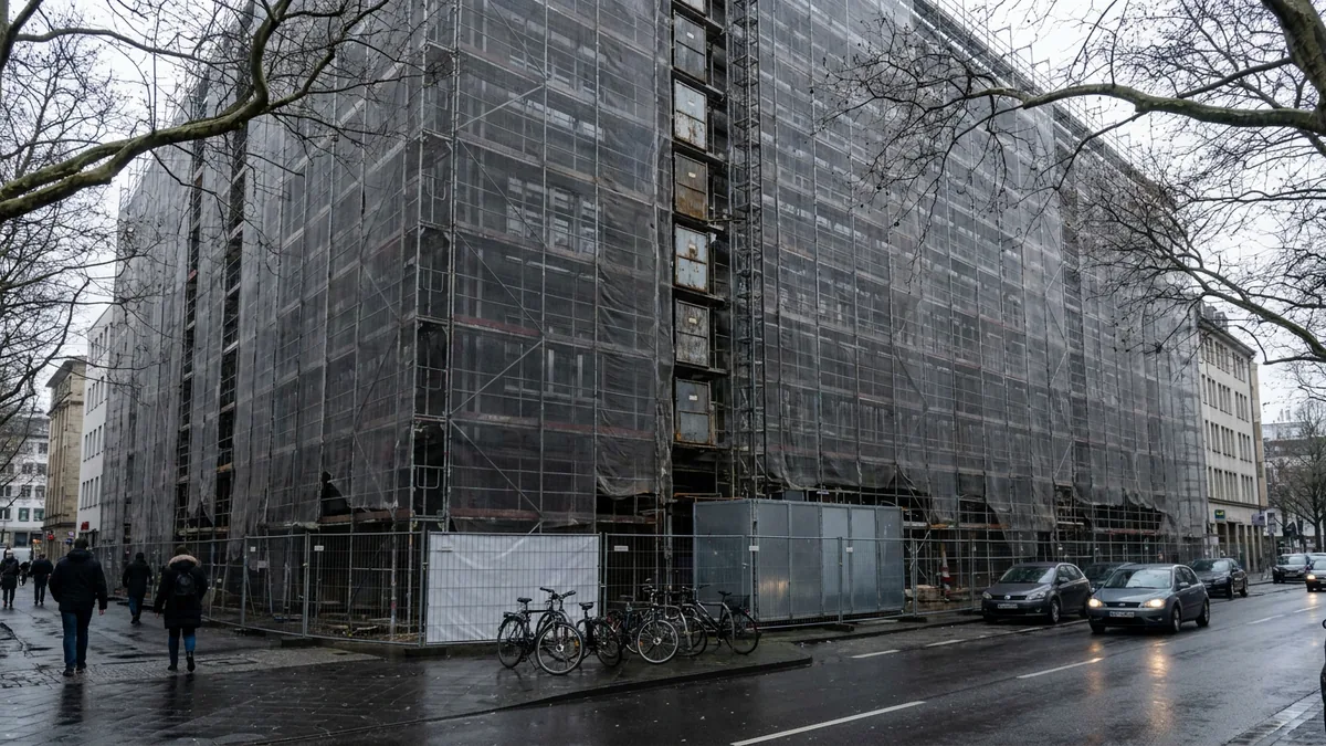 Bürogebäude komplett eingerüstet und mit grauen Netzen verhängt, davor Bauzaun, abgestellte Fahrräder und eine nasse Straße