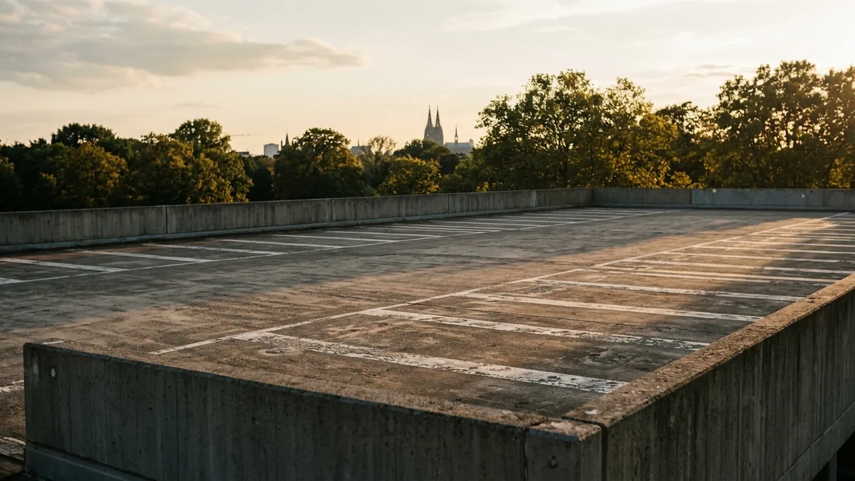 Weitgehend leeres Parkdeck mit verwitterten Stellplatzmarkierungen im Abendlicht