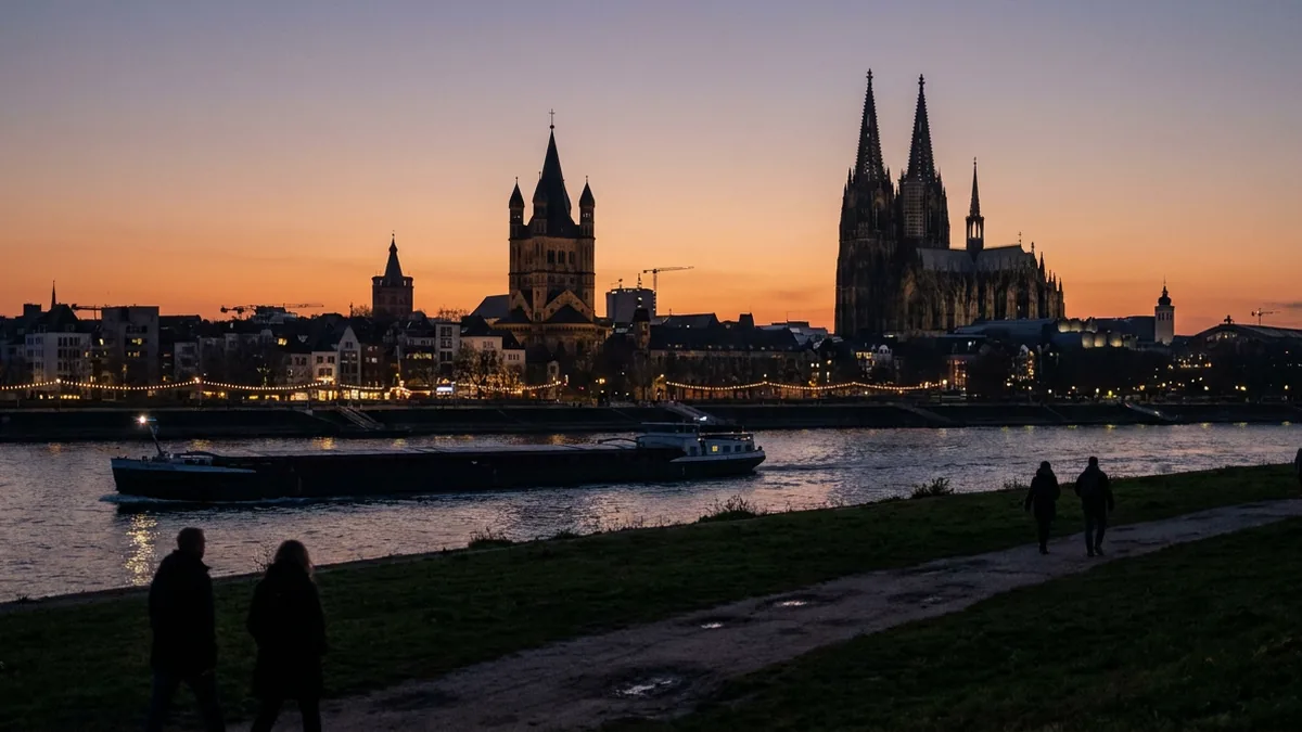 Rheinufer in der Abenddämmerung, am anderen Ufer die Silhouetten von Dom und Groß St. Martin, auf dem Fluss ein Frachtschiff