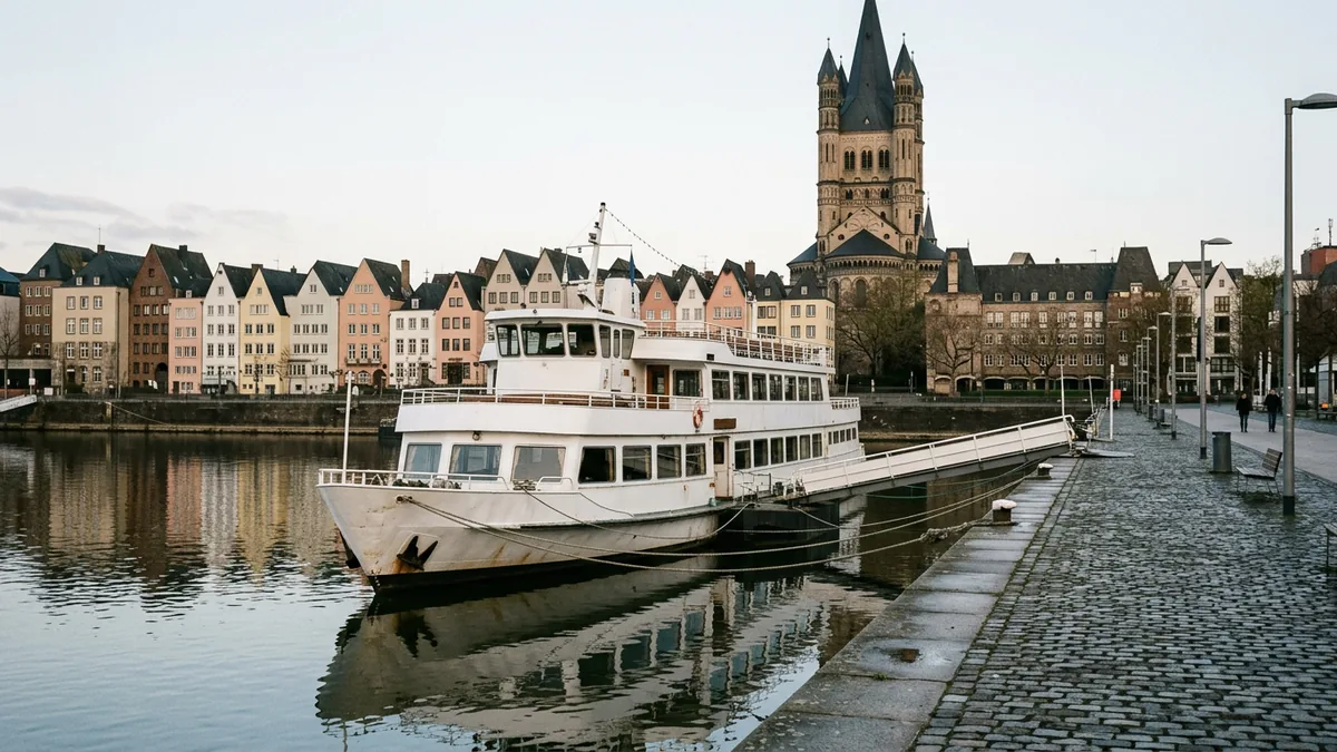 Weißes Ausflugsschiff an einer gepflasterten Uferpromenade, dahinter Altstadthäuser und der Turm von Groß St. Martin