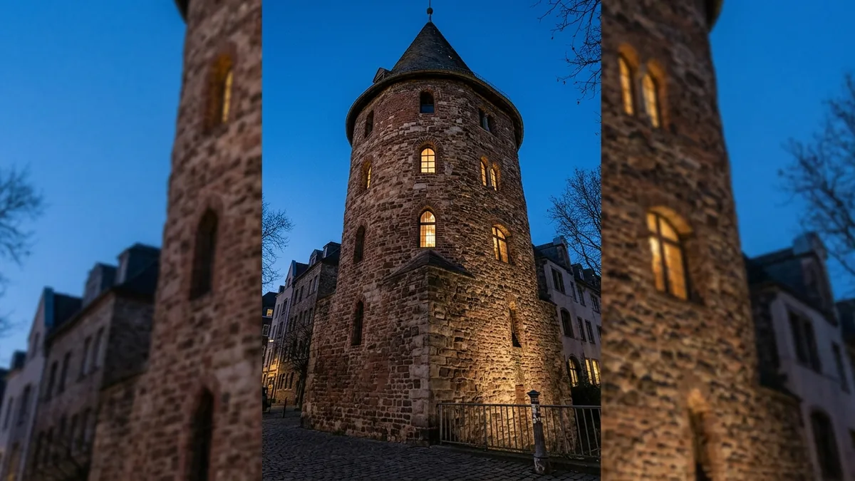 Beleuchteter historischer Turm als Veranstaltungsort bei Abendlicht, von unten fotografiert.