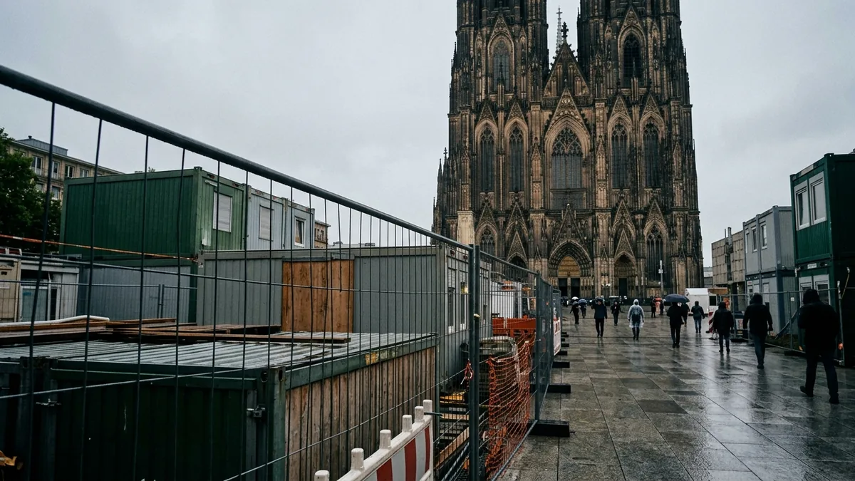 Bauzäune und Baucontainer im Vordergrund, dahinter die Doppelturmfassade einer Kathedrale.