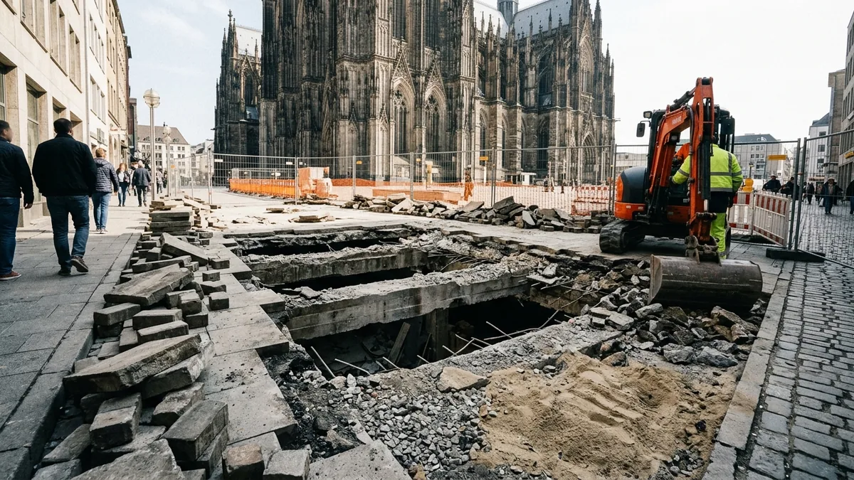 Aufgestemmter Bodenbelag mit freigelegten Betonteilen einer Tiefgaragendecke.