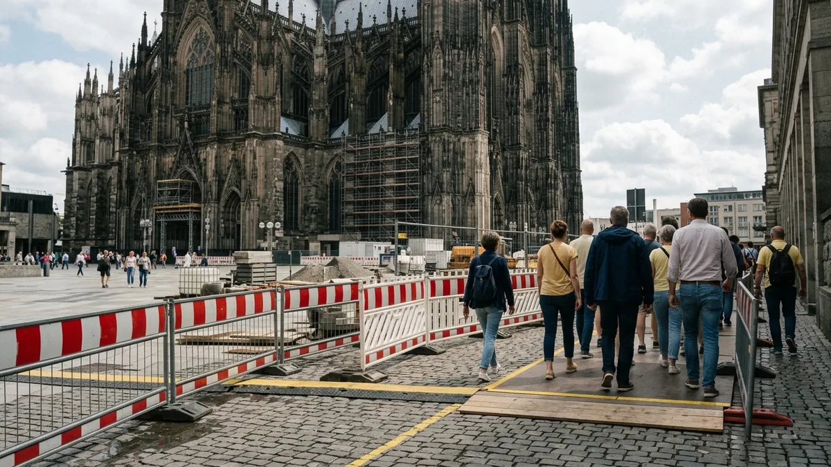 Absperrgitter verengen einen Fußweg, Passanten weichen auf einen schmalen Umleitungsweg aus.