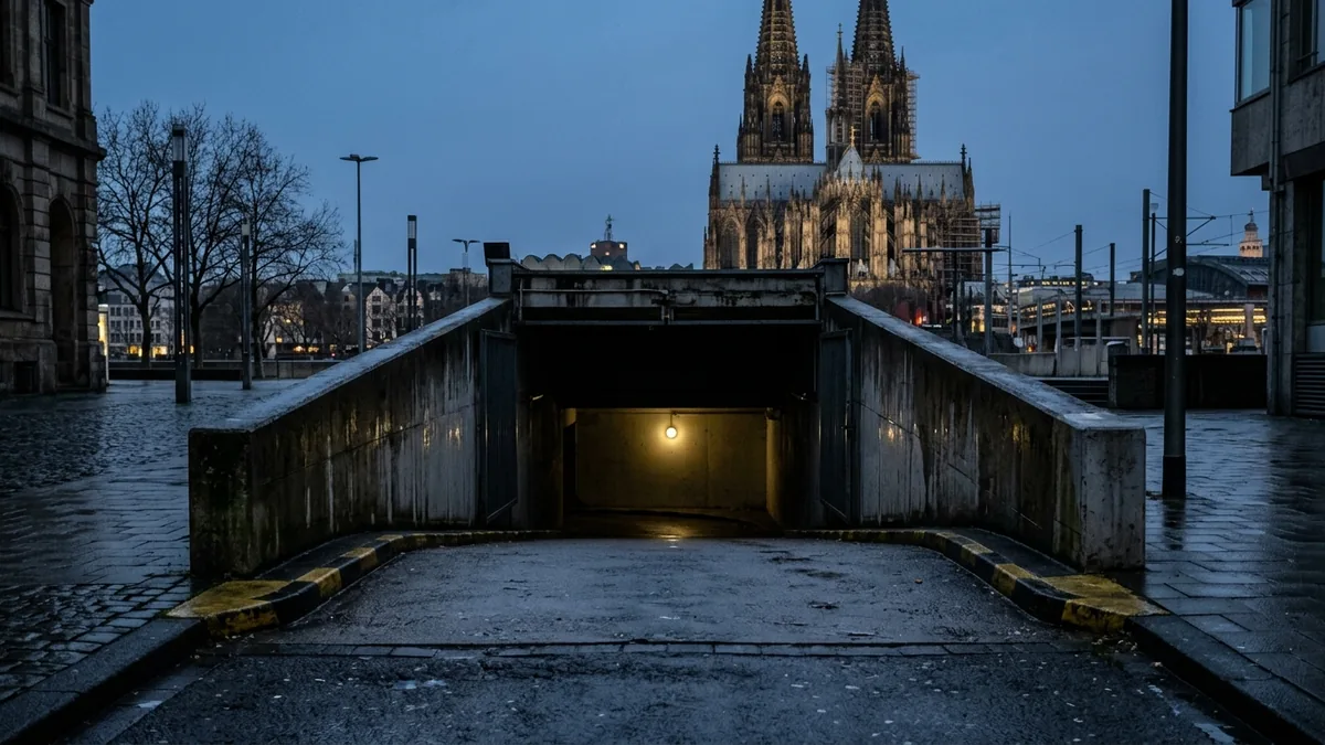 Zufahrtsrampe zu einer Tiefgarage in der Dämmerung, dahinter das dunkle Garageninnere.