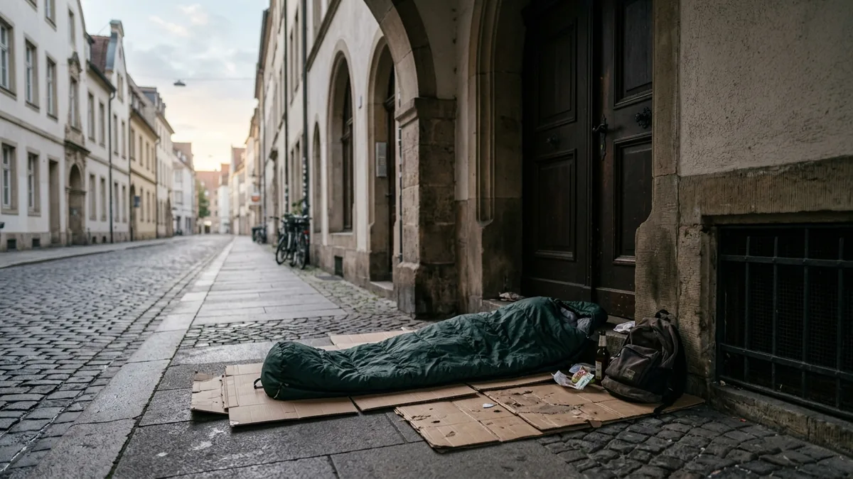 Schlafsack und Pappkartons in einem überdachten Hauseingang