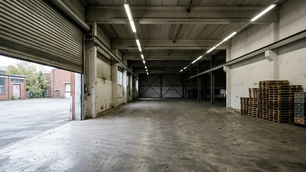 Leere Lagerhalle mit Rolltor, Betonboden und Leuchtstoffröhren