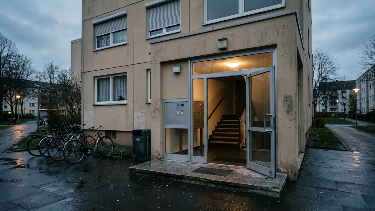 Wohnhauseingang mit offener Tür und Treppenhaus im Morgenlicht
