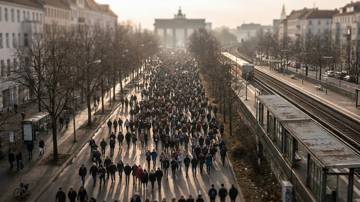 Menschenmenge zieht über eine breite, baumgesäumte Straße, rechts ein Bahnsteig, im Hintergrund das Brandenburger Tor