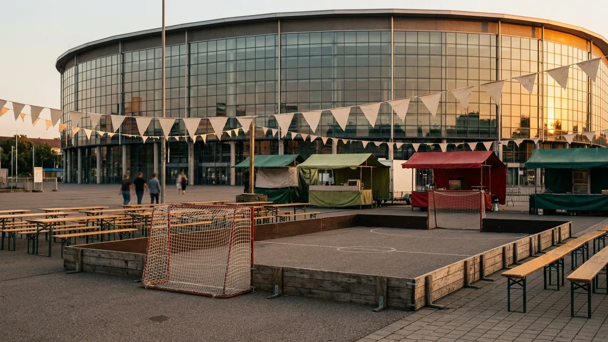 Kleines Spielfeld mit Handballtoren und Holzbande auf einem Arena-Vorplatz, daneben Bierbänke, Zelte und Wimpelketten