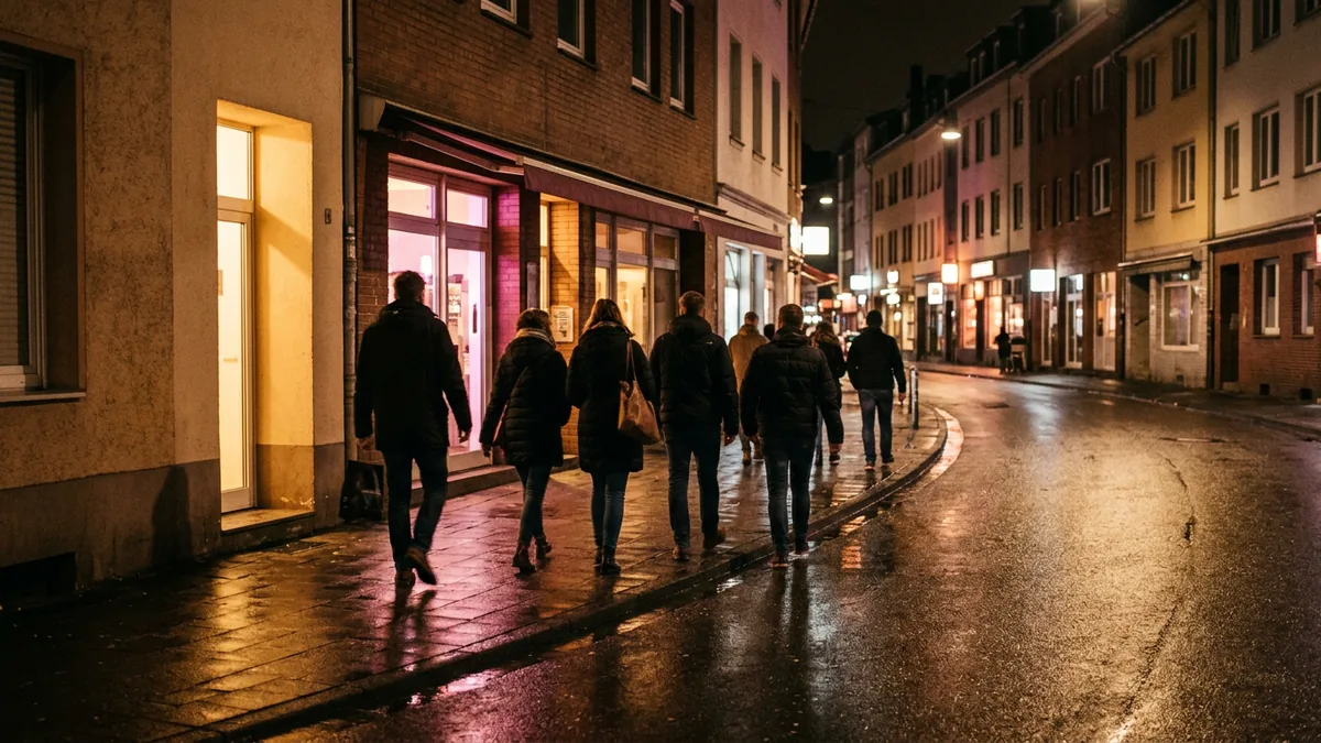 Nächtliche Straße in Köln-Ehrenfeld mit nassem Asphalt und Menschen zwischen zwei Hauseingängen