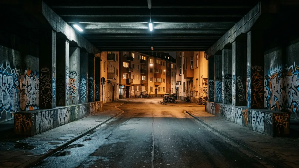 Blick durch eine Bahnunterführung in Köln-Ehrenfeld bei Nacht, Beton und Sprühfarbe