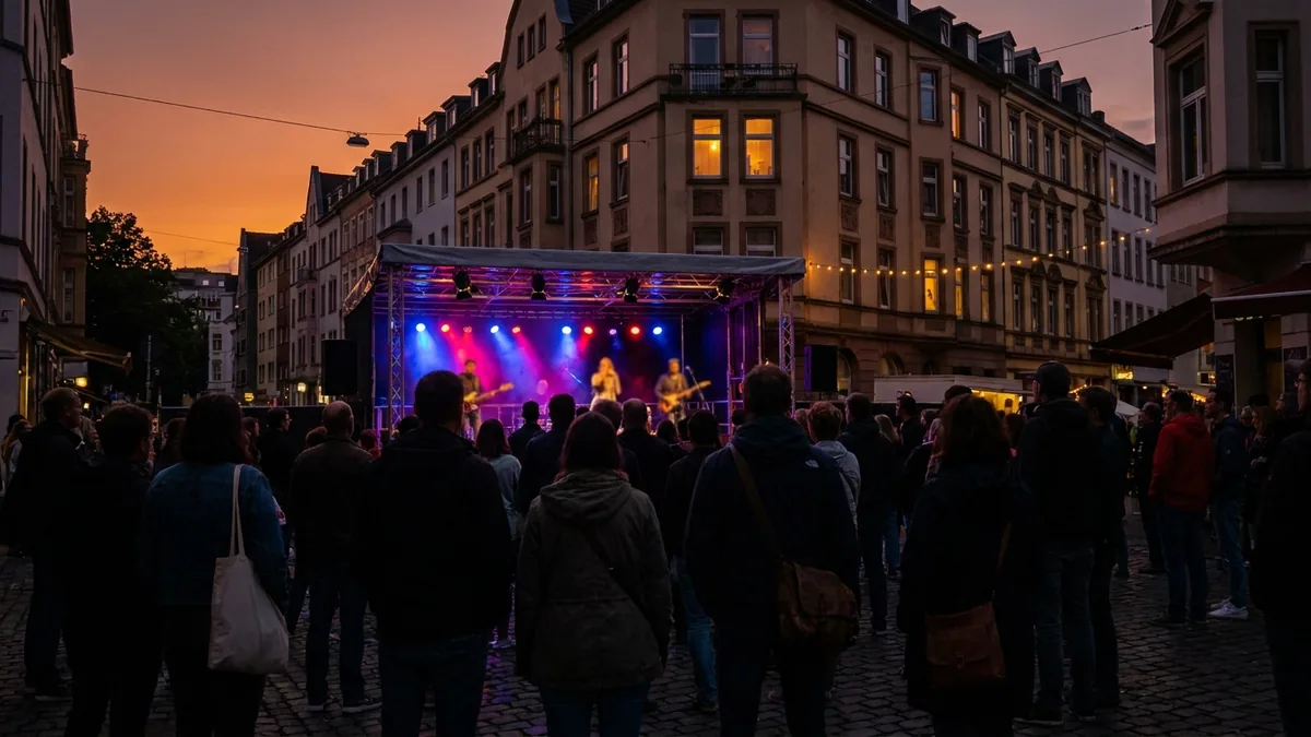 Festivalbühne mit Publikum in der Abenddämmerung auf einem Straßenfest in Köln-Ehrenfeld
