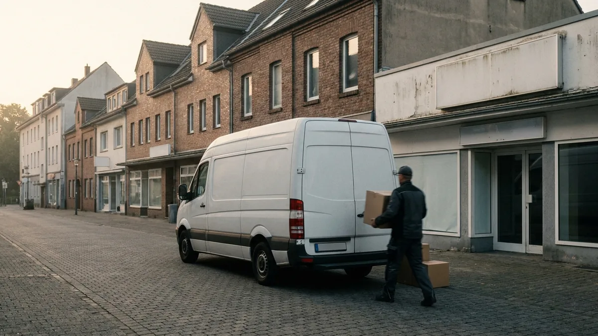 Lieferwagen am frühen Morgen in einer leeren Einkaufsstraße