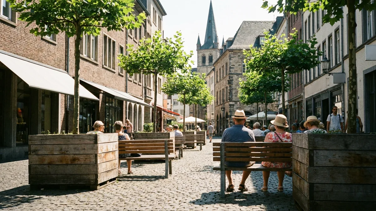 Mobile Pflanzkübel und Sitzelemente in einer Innenstadtstraße im Sommer