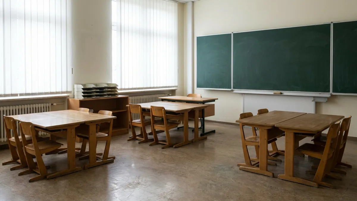 Leeres Klassenzimmer einer Grundschule mit kleinen Tischen und Stühlen