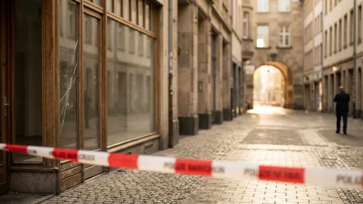 Polizeiabsperrband vor einem Geschäft in der Kölner Innenstadt am frühen Morgen