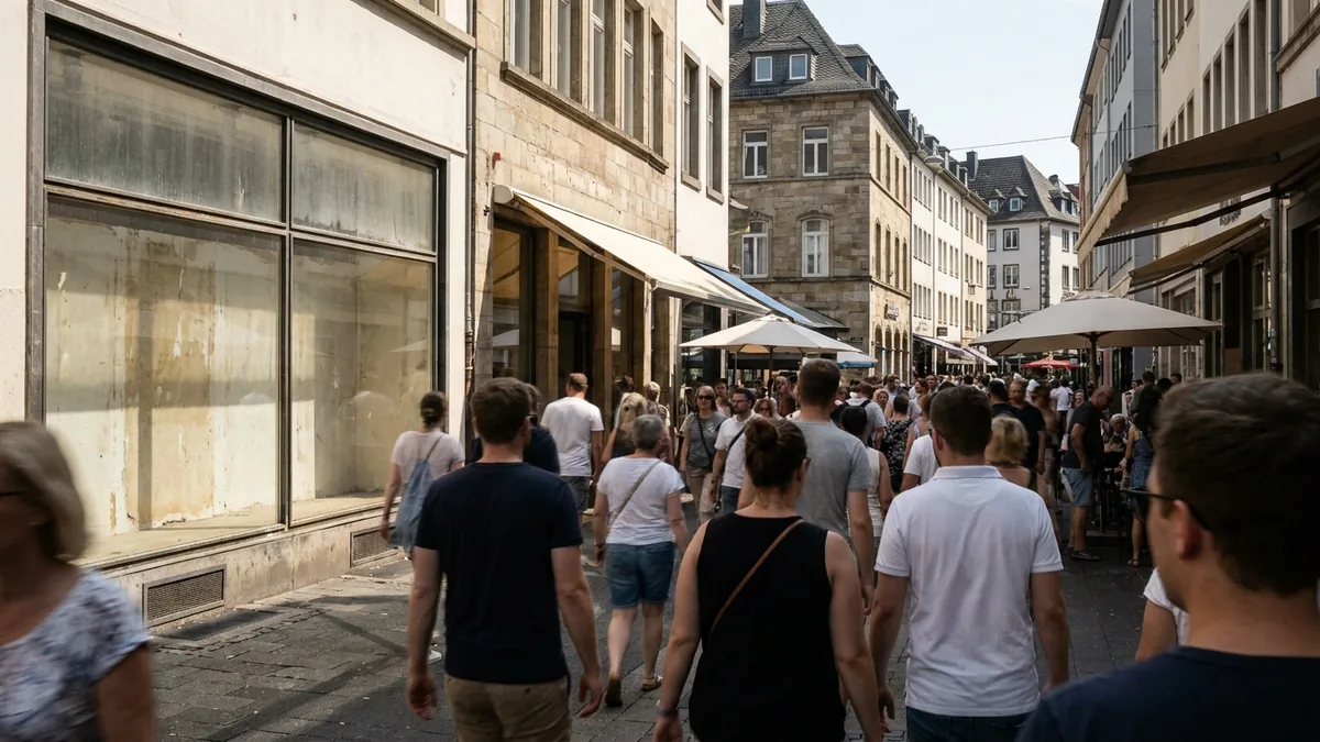 Passanten in einer belebten Kölner Einkaufsstraße im Sommer, von hinten gesehen