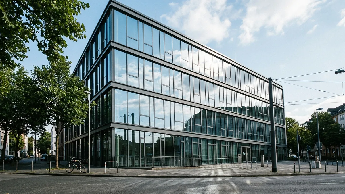Glasfassade eines Bürogebäudes mit Himmelsspiegelung