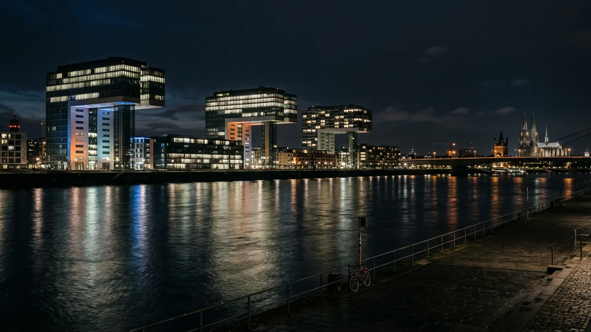 Beleuchtete Bürotürme am Kölner Rheinufer bei Nacht
