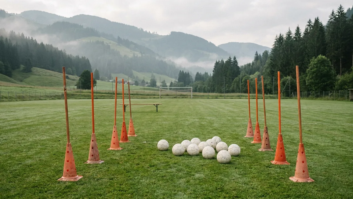 Trainingsplatz mit Hütchen, Stangen und verstreuten Bällen auf kurzem Rasen