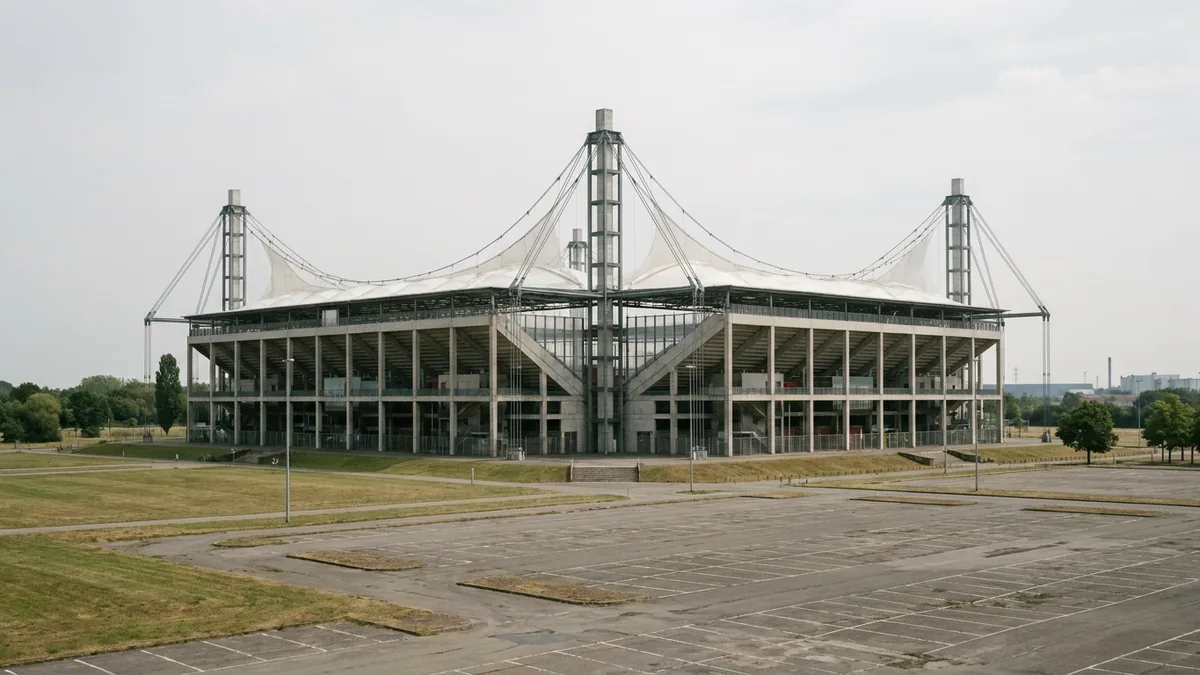 Großes Fußballstadion mit weißem Dach und vier Ecktürmen im Grünen