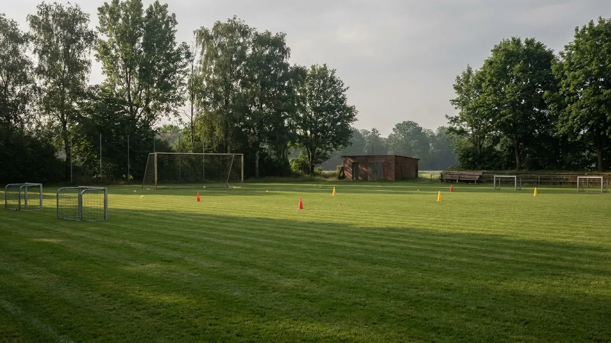 Leerer Trainingsplatz mit Toren und Hütchen an einem Sommermorgen