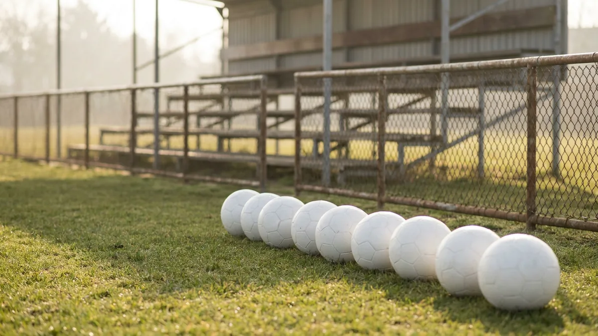 Ballreihe auf dem Rasen eines Trainingsplatzes vor leeren Zuschauerrängen