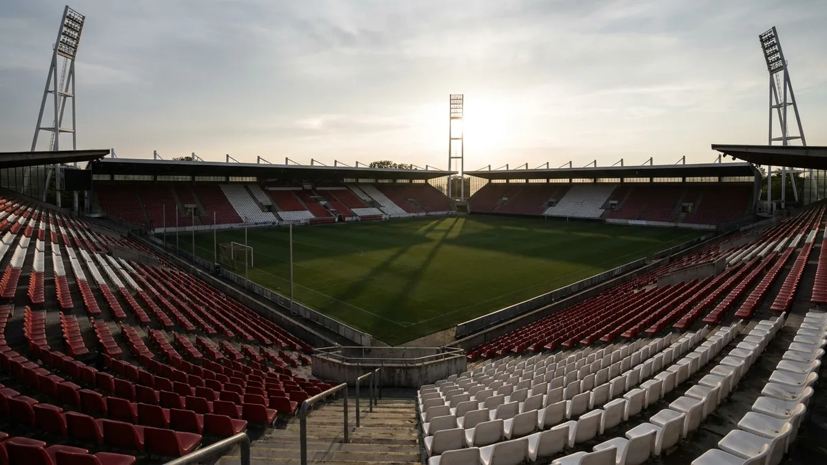 Leeres Fußballstadion im Gegenlicht mit rot-weißen Sitzreihen und geneigten Flutlichtmasten