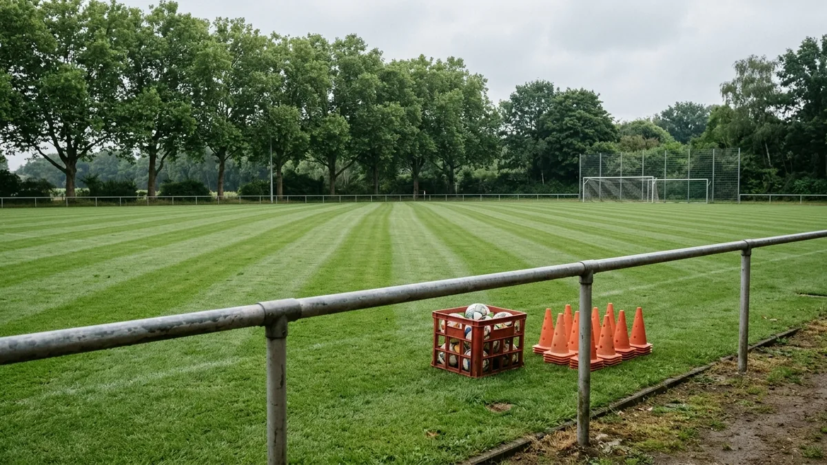 Trainingsplatz im Grüngürtel mit Ballkiste und Hütchen auf frisch gemähtem Rasen