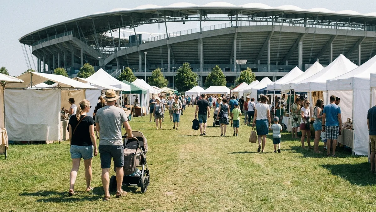 Sommerliches Fanfest mit weißen Zelten auf Wiesen neben einem Stadion