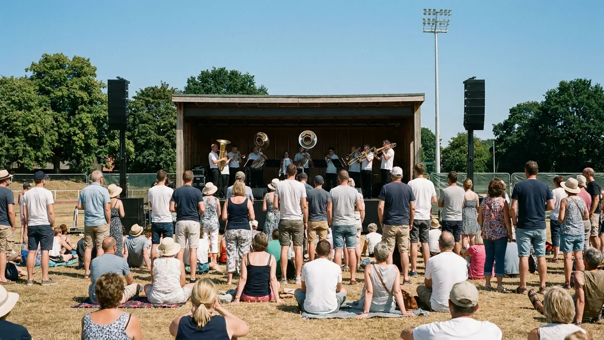 Bühne auf einer Wiese mit Blasinstrumenten und Publikum von hinten